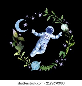 Astronaut In Space Round Wreath - Night Flowers, Planets, Stars. Celestial Illustration With Floating Spaceman In Outer Universe And Plants. Watercolor Artistic Circle Border Frame 