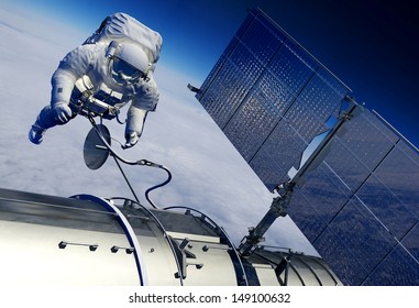 Astronaut And Space Station In Space.