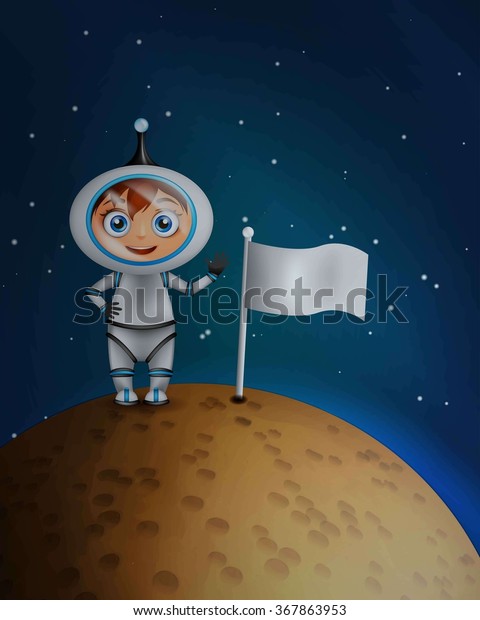 Astronaut in space suit standing on the planet\
surface with\
flag