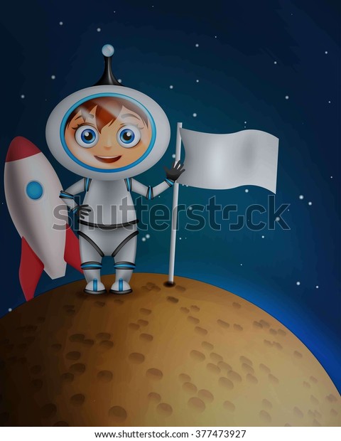 Astronaut in space suit standing on the planet
surface with
flag