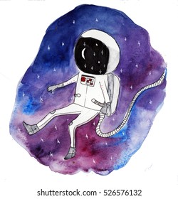 Astronaut In Space Watercolor Illustration