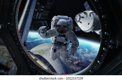 Astronaut in space working on a space station 3D rendering elements of this image furnished by NASA