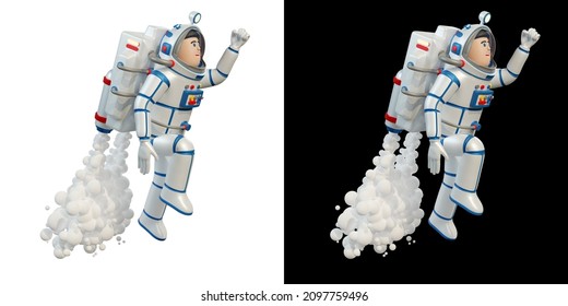 Astronaut In Spacesuit With Jetpack Takes Off Into Space. Spaceman Toy. 3d Illustration. 3d Render.