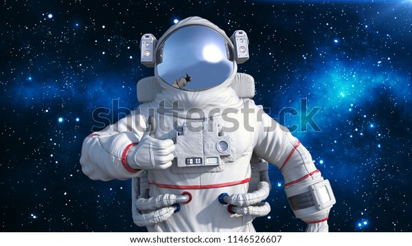 Astronaut in spacesuit showing\
thumbs up, cosmonaut floating in space, close up view, 3D\
rendering