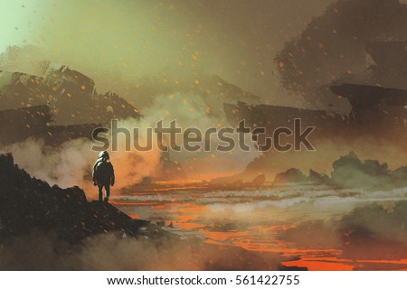 astronaut standing in abandoned planet with volcanic landscape,illustration painting