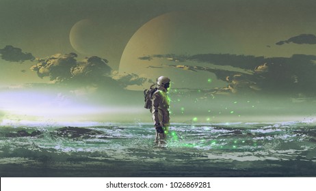 the astronaut standing by the sea against background of the planet, digital art style, illustration painting