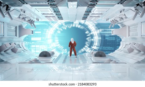 Astronaut standing in front of a screen with data information . Futuristic data analysis . This is a 3d render illustration . 