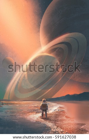 the astronaut standing on the beach looking at planets in the sky,illustration painting