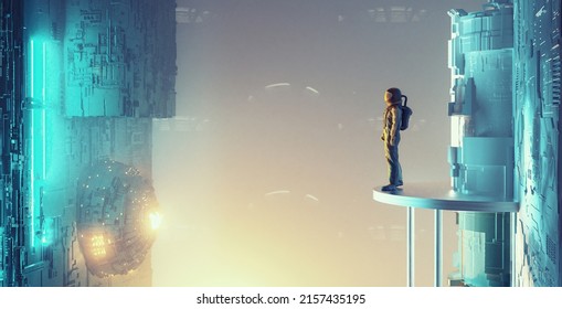 Astronaut Standing On Platform In A Futuristic City . Sci Fi And Fantasy Concept . This Is A 3d Render Illustration . 