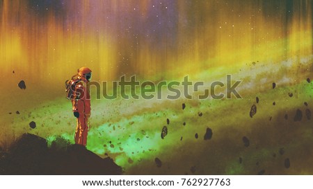 the astronaut standing on a rock in starry outer space with colorful light, digital art style, illustration painting