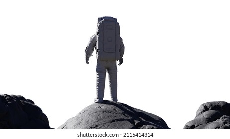 Astronaut Standing On Rocks, Spaceman Isolated On White Background (3d Science Illustration) 