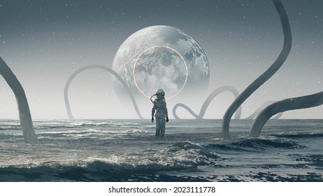 astronaut standing in the strange sea and looking at the planet in the sky, digital art style, illustration painting - Powered by Shutterstock