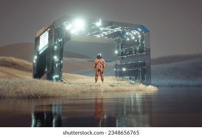Astronaut standing under a sci fi structure. Futuristic concept. This is a 3d render illustration.