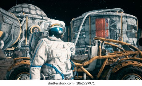 An Astronaut Stands Beside His Lunar Rover At The Space Moon Base. View Of The Lunar Surface And Lunar Colony. 3D Rendering.