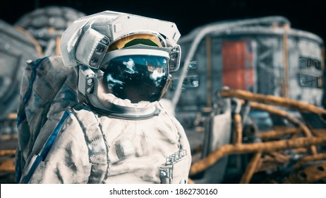 An Astronaut Stands Beside His Lunar Rover At The Space Moon Base. View Of The Lunar Surface And Lunar Colony. 3D Rendering.