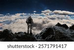 Astronaut stands on a rugged surface, gazing out across a vast cloud sea under a starry sky at twilight. The scene captures the blend of exploration and wonder in space. 3d render