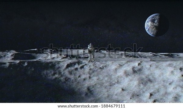 An\
astronaut stands on the surface of the moon among craters against\
the backdrop of the planet earth. Outer space. Ultra realistic 3d\
animation. The effect of old tape and distorted\
data.