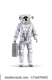 Astronaut With Suitcase / 3D Illustration Of Space Suit Wearing Male Figure Holding Large Briefcase Isolated On White Studio Background