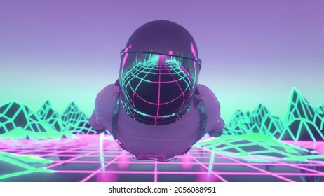 Astronaut surrounded by flashing neon lights. Music and nightclub concept. 3d rendering.