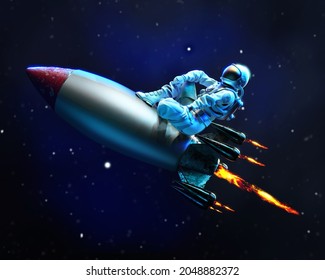 Astronaut Travels In Space Sitting On The Flying Missile, 3D Illustration