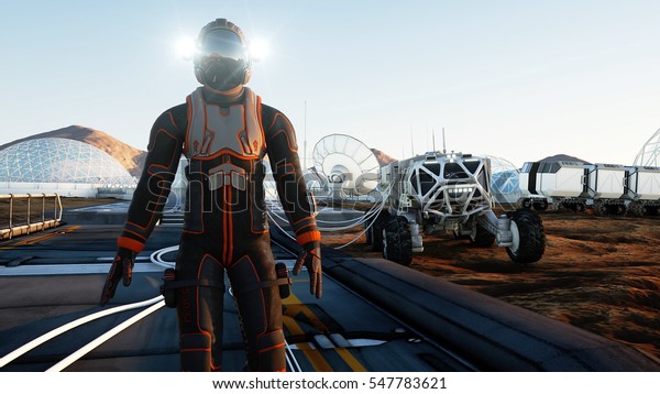 Astronaut walk on alien planet. Martian on
mars. Sci -fi concept. 3d
rendering.