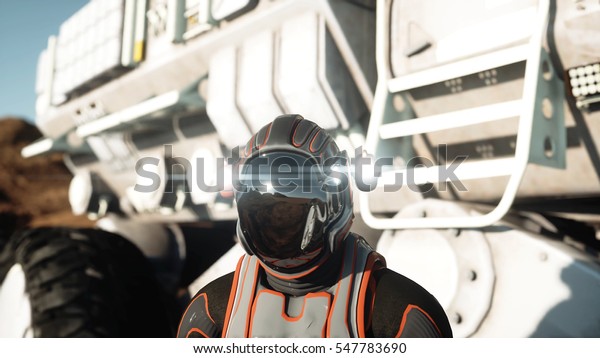Astronaut walk on alien planet. Martian on\
mars. Sci -fi concept. 3d\
rendering.