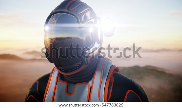 Astronaut walk on alien planet. Martian on\
mars. Sci -fi concept. 3d\
rendering.
