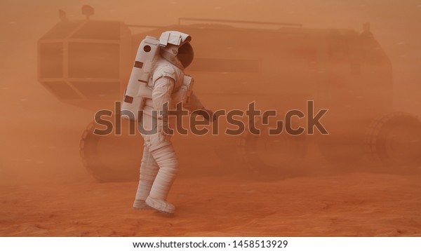 astronaut walking in martian sandstorm,\
mission on planet Mars (3d science\
illustration)
