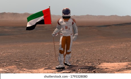 Astronaut walking on Mars with UAE flag. Exploring Mission To Mars Red Planet. Futuristic Colonization Space Exploration Concept. 3d rendering. Colony on Mars. 