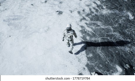 The astronaut is walking new unknown snow planet under alien constellations   nebulae  Animation for fantasy  futuristic space travel backgrounds  3D Rendering