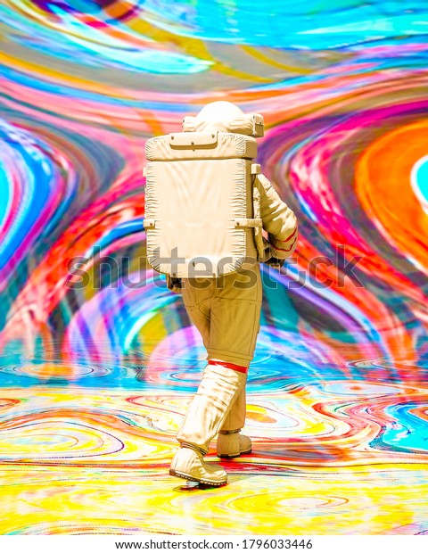 astronaut is walking in a psychedelic\
background rear view, 3d\
illustration