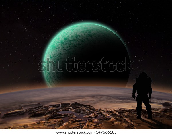 An astronaut watches an alien planet\
rise over a rocky moon. Sci-fi Fantasy\
artwork.