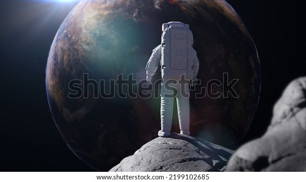 astronaut watching planet Earth form the\
surface of the Moon (3d space rendering)\
