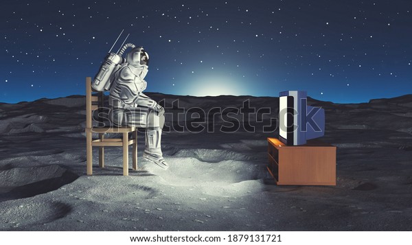 Astronaut watching tv on the moon\
. Online movie stream concept . This is a 3d render\
illustration.