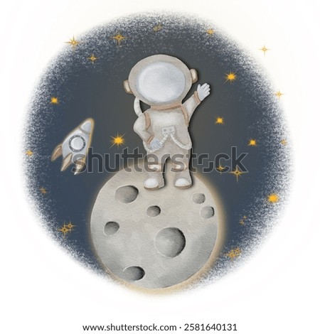 An astronaut waves from the moon's surface, surrounded by sparkling stars and a rocket ship zooming past in a dreamy night sky.