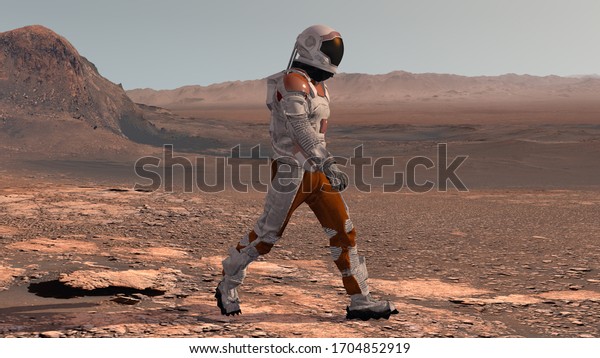 Astronaut Wearing Space Suit\
Walking On The Surface Of Mars. Exploring Mission To Mars.\
Futuristic Colonization and Space Exploration Concept. 3d\
rendering.