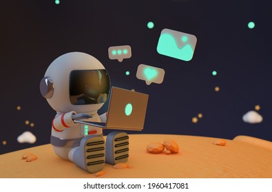 Astronaut Working On Laptop In Mar Space 3d Rendering . Rocket, Satellite