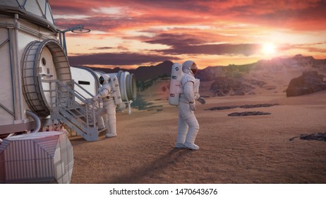 Astronauts Around A Mars Base, Research Habitat On The Surface Of The Red Planet (3d Space Rendering) 