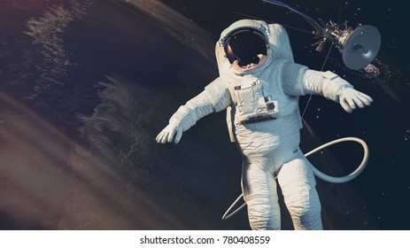 The astronauts, Earth, satellite. 3d rendering andl illustration.