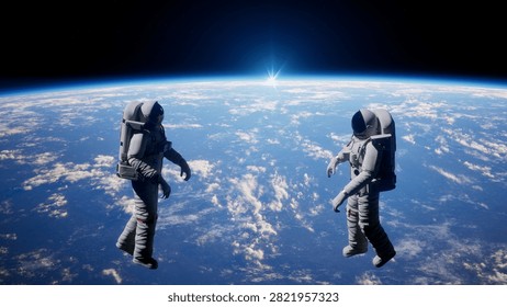  Astronauts Floating in Zero Gravity Above Planet Earth Horizon Mission with Bright Sun Flare Over Earth Atmosphere. 3d rendering.