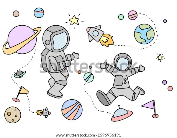 Astronauts in outer space cartoon on white\
background,hand drawn galaxy\
concept.