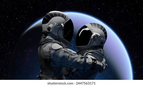 Astronauts in space, one holding the other, with Earth in the background under starry sky. Love. 3d render - Powered by Shutterstock