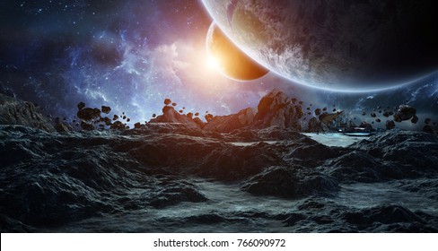 Astronauts with spaceship exploring an asteroid in space 3D rendering elements of this image furnished by NASA