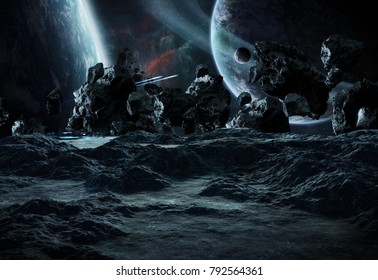 Astronauts with spaceship exploring an asteroid in space 3D rendering elements of this image furnished by NASA