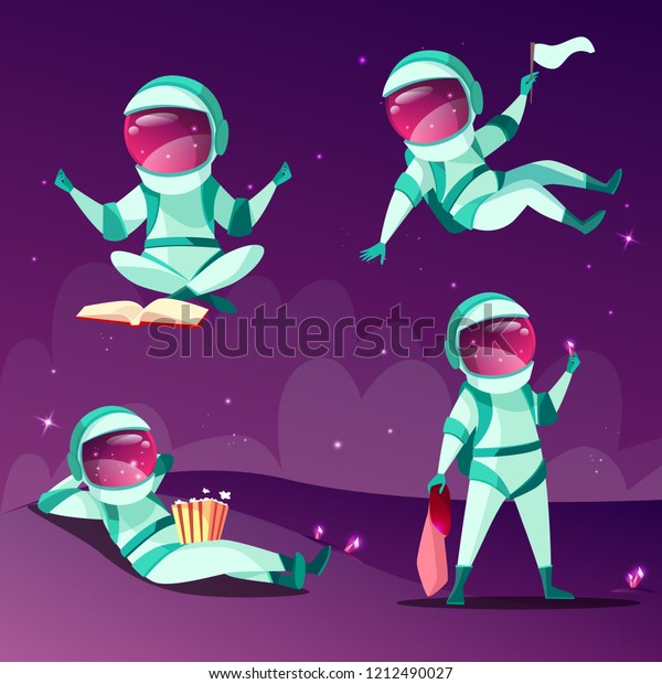 Astronauts in\
weightlessness illustration. Cartoon astronauts or cosmonauts in\
zero gravity on planet surface reading book, eating popcorn or\
flying for fun and exploring cosmic\
space