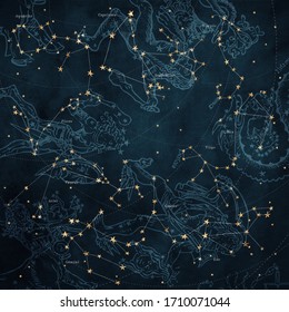 Astronomical Star Map With Zodiac Constellations And Antique Mythological Illustrations On A Dark Blue Background.