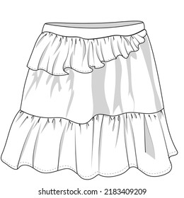 Asymmetrical Ruffle Skirt Flat Sketch