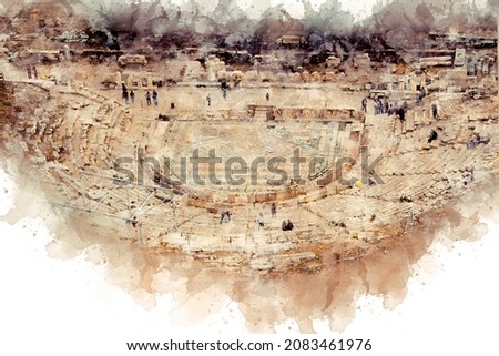 Athens, Greece. Watercolor painting Theater of Dionysus Eleutherius in the ancient citadel of the Acropolis