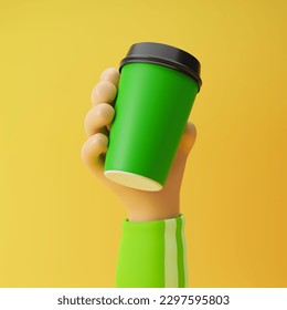 Athlete cartoon hand holding cup of coffee drink isolated over yellow background. 3D rendering. - Powered by Shutterstock