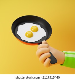 Athlete Cartoon Hand Holding Frying Pan With Fried Eggs Isolated Over Yellow Background. 3D Rendering.